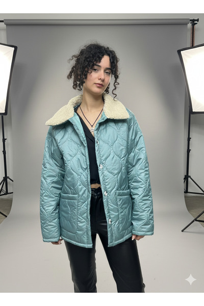 BORCKA TEKSTİL Turkuaz Rengi Kürk Detaylı Kapitone Desenli Kadın Mont