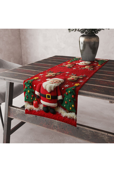 Alkan Homes Punch İşlemeli Görünümlü Noel Baba ve Geyik Desenli Dekoratif Masa Örtüsü Runner 45×100 cm
