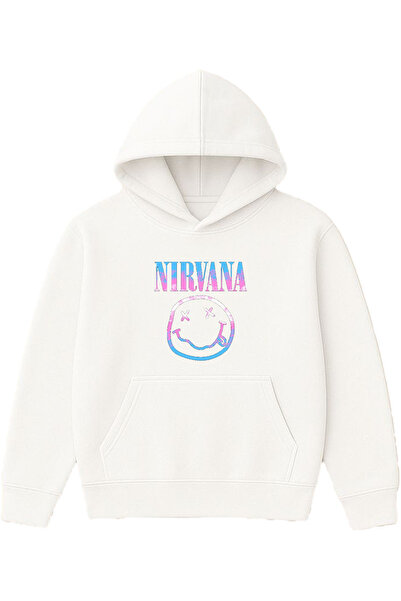 VSRN تصميم الوجه المبتسم من نيرفانا مطبوع قصة فضفاضة سويت شيرت أبيض بغطاء رأس