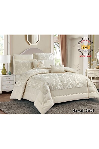 FABRIC The latest bridal jacquard quilt set with an 8-piece bag. Beige/off-white set embroidered with gold in a luxurious damask design.