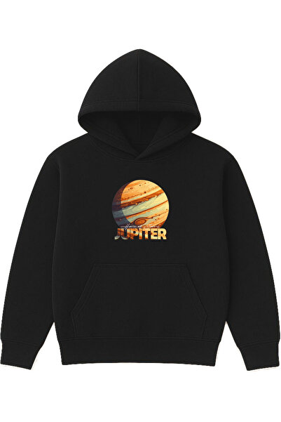 VSRN سويت شيرت جوبيتر ديزاين مطبوع قصة فضفاضة أسود بغطاء رأس