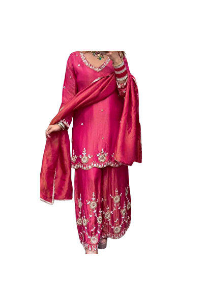 MYSMAR طقم كاميز سالوار دوباتا من الحرير الوردي اللامع - HRT4586 | وردي