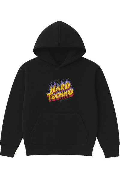 VSRN Hanorac negru supradimensionat cu glugă, imprimat cu design Hard Techno