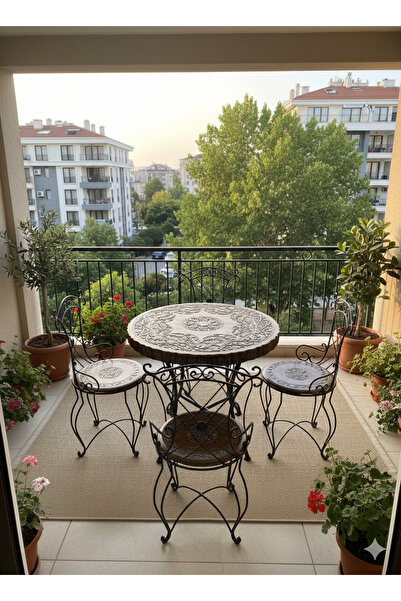 DNC Art&Deco Lüks 4 Kişilik Otantik Ahşap El Oyması Ferforje Balkon Bahçe Yem...
