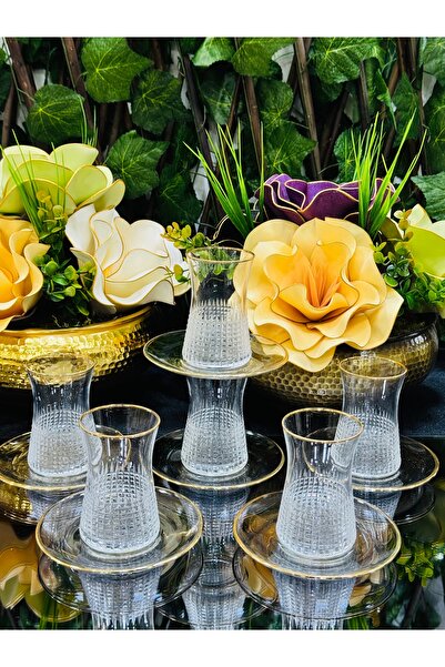 EVRA 6 Kişilik El Kesmesi Altın Yaldızlı Çay Seti Bardak Takımı m3