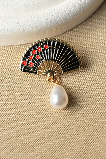 FİRST JEWELRY İnci Detaylı Gold Siyah Yelpaze Kadın Takı Broş