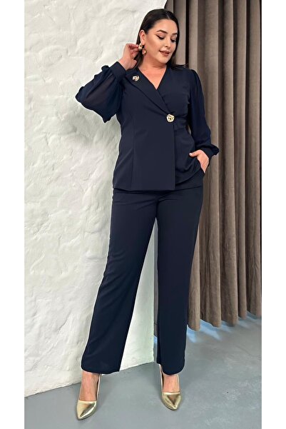 Butik Nilyam بدلة سهرة نسائية مقاس كبير بأزرار على الجهتين بأكمام طويلة وياقة...