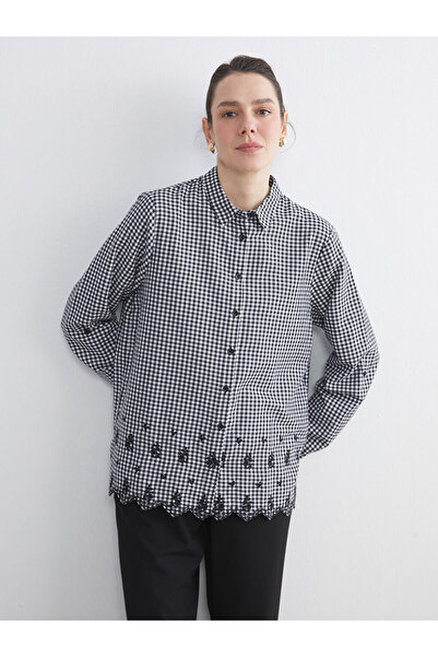 LC Waikiki Black Plaid Ruffled Women's Shirt