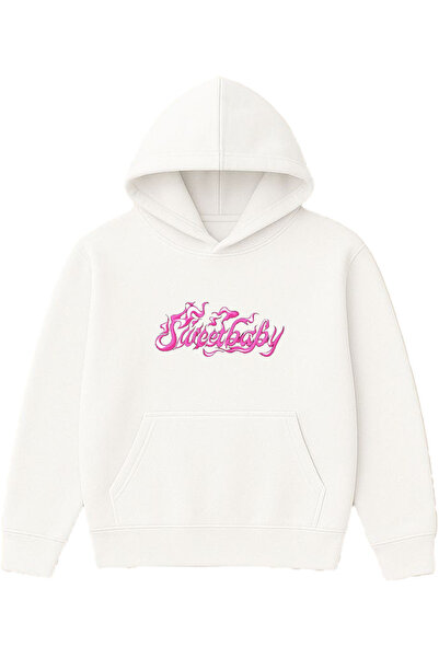 VSRN سويت بيبي ديزاين مطبوع قصة فضفاضة سويت شيرت أبيض بغطاء رأس