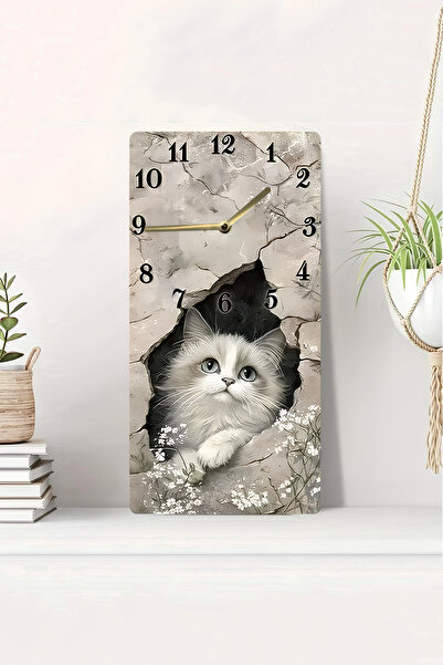 kutuTR 3D Look 2D Uv Printing Mdf Table Clock – Cute Cat Themed Design on Gray Background – 20X40 Cm-Dts249