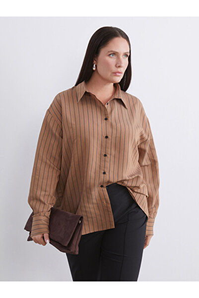 LC Waikiki Cămașă maro cu dungi pentru femei, mărime mare