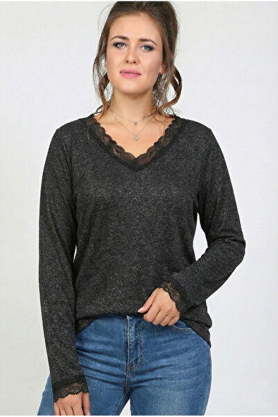 Curvy Trend Plus Size Collar and Sleeve Tip Lace Long Sleeve Crushed Fabric Blouse Anthracite