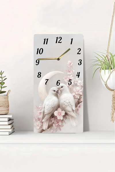 kutuTR 3D Görünümlü 2D UV Baskı MDF Tablo Saat – Ay Ve Beyaz Güvercin Temalı Zarif Dekor – 20x40 Cm-DTS245