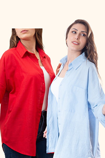 Justime Women's Oversized Cotton Linen Light Blue - Red Shirt