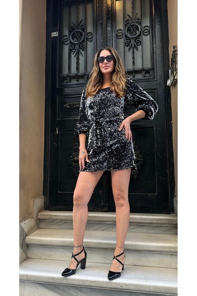 Butik Uzun kollu pul payetli kadife kısa abiye elbise