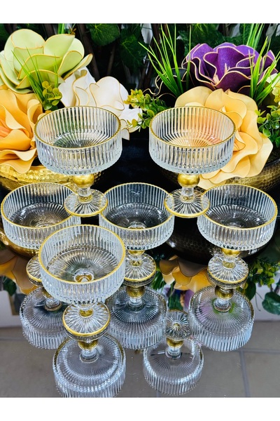 EVRA 6 Adet Gold Altın Ayaklı Cam Kase Sunumluk Şekerlik Dondurma