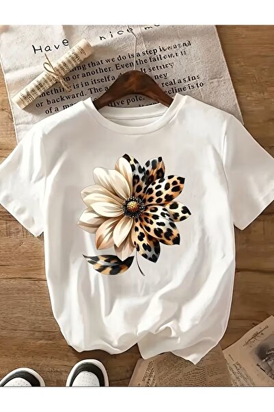 oneagılyazı Comfortable T-Shirt for Women, Leopard Print and Floral Design Printed T-Shirt