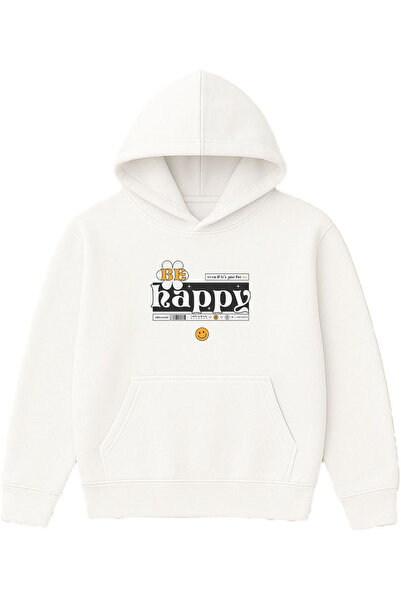 VSRN Hanorac alb supradimensionat cu glugă, imprimat cu designul Be Happy