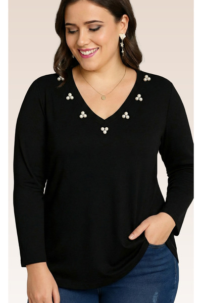 Curvy Trend Plus Size Neckline 3 Pearl Embroidered V-Neck Long Sleeve Wide Hem Blouse Black