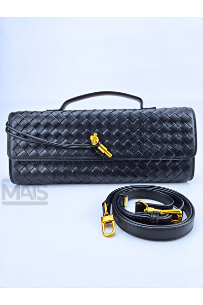 DSN Rattal Örgülü Altın Tokalı Siyah El Ve Omuz Çantası