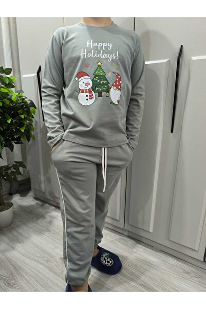 Pidal Giyim Yılbaşı Temalı Pamuklu Uzun Kollu Unisex Çocuk Eşofman Takımı