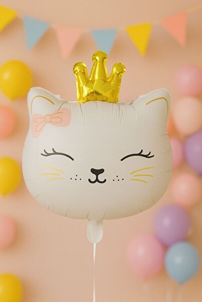 Taçlı Kedi Folyo Balon - Kedicik Helyumla Uçan Balon - 51x54 cm