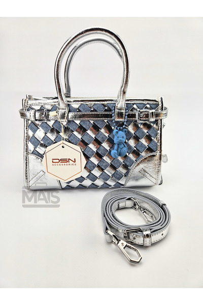 DSN Platin Suni Deri Kot Kumaş Rattan Örgülü Ayıcık Aksesuarlı Ve Omuz Çantası
