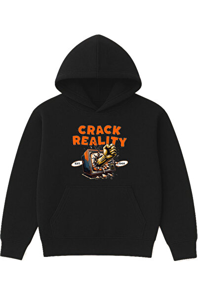 VSRN تصميم كراك ريلتي مطبوع قصة فضفاضة سويت شيرت أسود بغطاء رأس