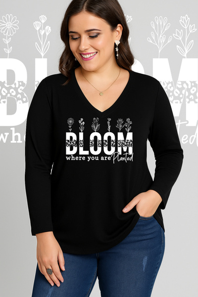 Curvy Trend Plus Size Bloom Planted Printed V-Neck Long Sleeve Wide Hem Blouse Black