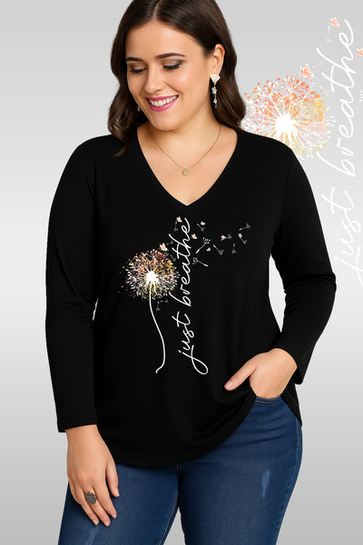 Curvy Trend Plus Size Breathe Printed V-Neck Long Sleeve Wide Hem Blouse Black