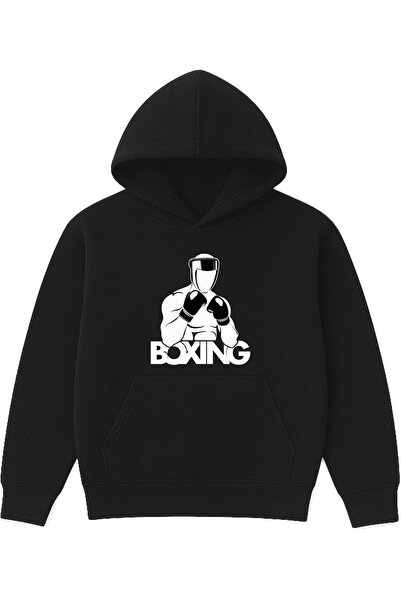 VSRN Hanorac negru supradimensionat cu glugă, cu imprimeu Boxing Design