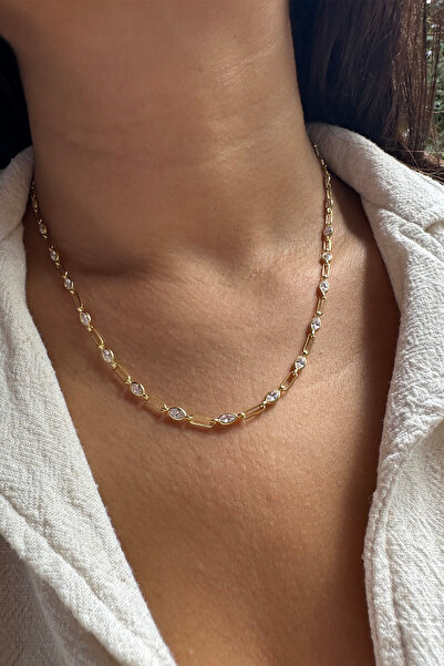 SUNSHINE 925 Ayar Gümüş Gold Kaplamalı Ataç Zincirli Taşlı Zarif Kolye