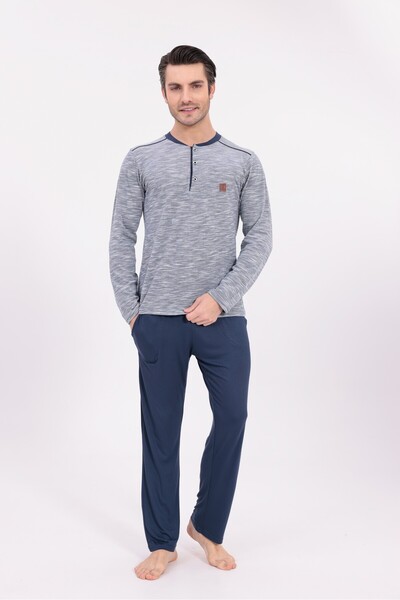 Lohusa Homewear Ανδρικό σετ πιτζάμες με μακρυμάνικο βαμβακερό ζακάρ σε γκρι ν...