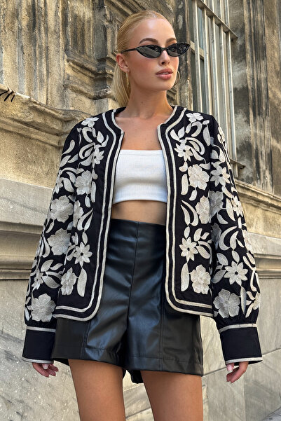 bacc Jachetă neagră pentru femei, cu broderie florală, căptușită în interior ...