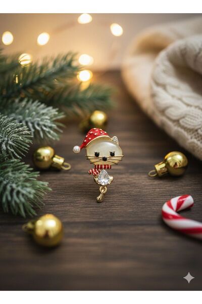 Asella Yılbaşı Şapkalı Kedi Broş