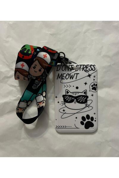 KM "Don't Stress Meowt" Kedi Baskılı Kart Koruyucu ve Hemşire Figürlü Boyun A...