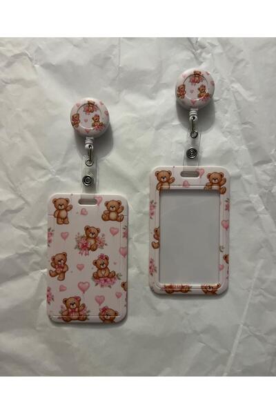 KM حامل بطاقات تعريف الطلاب بتصميم دببة لطيفة مع حزام للرقبة