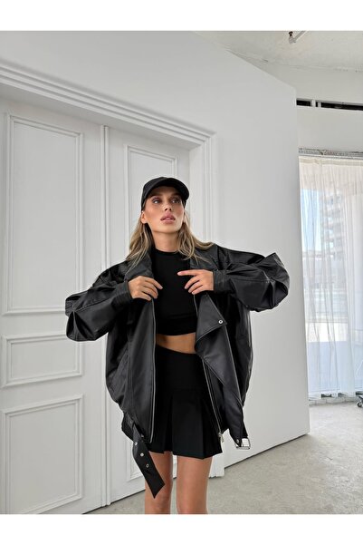 Lin Collection سترة جلدية كبيرة الحجم للنساء - مقاس كبير مريح، معطف نسائي كاج...