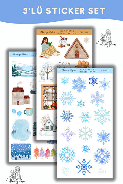 Flowery Paper 3'lü Kış Temalı Sticker Sayfası , Defter,ajanda ,journal,scrapb...
