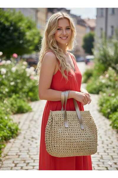 trendhazan A Quality Paper Fiber Hand-Knitted Bag with Faux Leather Handle an...