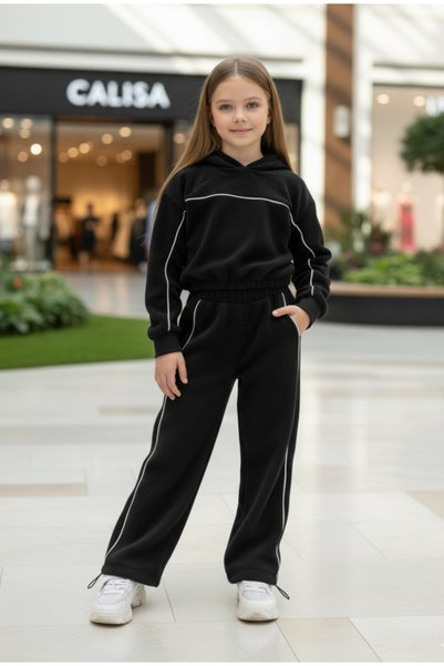 CALİSA Girl's Oversized Black Fleece Tracksuit Set |   5-14 Years Old Sweatshirt and Bottom Tracksuit |