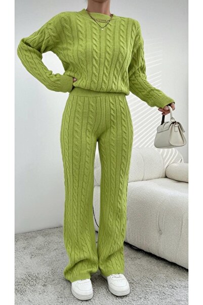 Miss Poem Women's Winter Long Basic Top and Bottom Light Green Knitwear Set