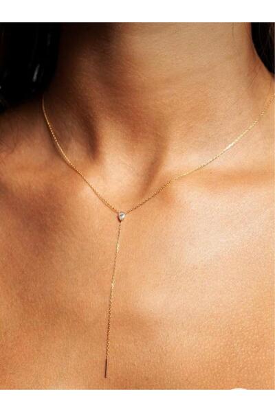 SARIASLAN 14 Ayar Altın Rengi Dekolte Damla Taşlı Y Gümüş Kolye