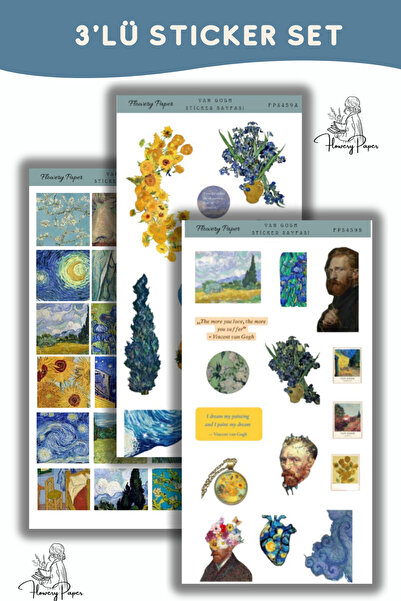 Flowery Paper 3'lü Van Gogh Sticker Sayfası , Defter,ajanda ,journal,scrapboo...