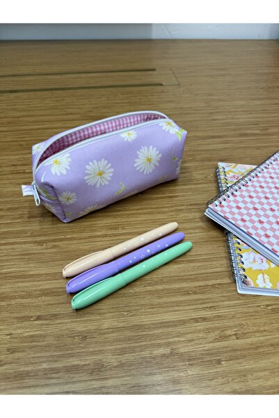 AXUM حافظة أقلام بيضاء منقوشة باللون الأرجواني الفاتح مع سحاب، حامل أقلام مبط...