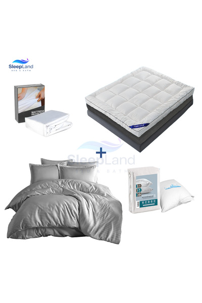 SLEEPLAND بكج لباد فندقي ارتفاع 14 سم مع واقي مرتبة مع طقم واقي مخدة مع مفرش ...