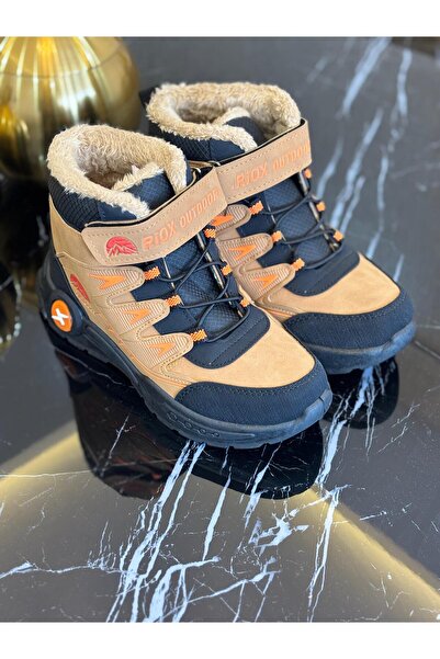 RİOX “RIOX Çocuk Kürklü Outdoor Kışlık Su Geçirmez Bot – Taba Siyah”