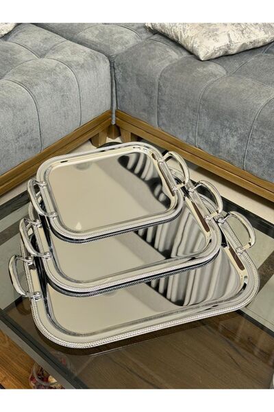 aljahwari 3-piece serving tray set, shiny silver