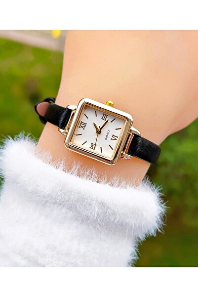 Weluxa Gold Color Case Black Leather Band Minimal Vintage Women Wristwatch