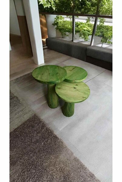 Simillo Home&Living Ahşap Çimen Yeşili Mantar Sehpa 3'lü Set Zigon ve Fiskos